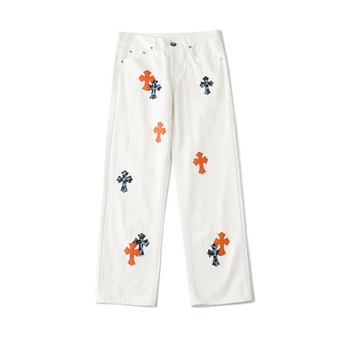 P260 💰 (Top version) Chrome Hearts/Chrome Hearts Classic white and orange cow series colored leather cross washed color fabric unisex denim trousers Vibe style straight stacked god-level version Carbon fine bias denim color cloth Old vintage full set of hardware - Chrome Hearts white cow series The high version uses high-ounce custom fabrics, fermentation washing and soft color fixation, soft and thick to wear. The details are all made by hand-polished craftsmanship. All-over printed jacquard fabric Unique design style. Through multiple processes to create a full retro feel. Unique niche non-contrast shirt. Customized distressed spray-painted buttons. Craftsmanship in every detail. Color: white and orange. Size: 28-30-32-34 (corresponding to S-M-L-XL)